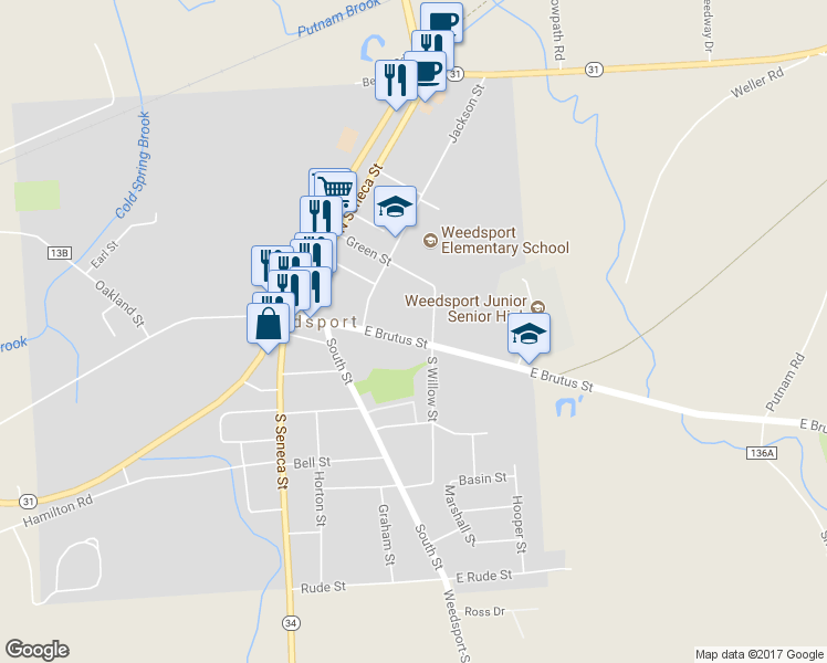 map of restaurants, bars, coffee shops, grocery stores, and more near 2761 East Brutus Street in Weedsport