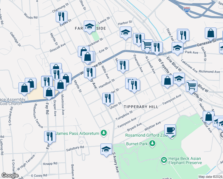map of restaurants, bars, coffee shops, grocery stores, and more near 305 Willis Avenue in Syracuse