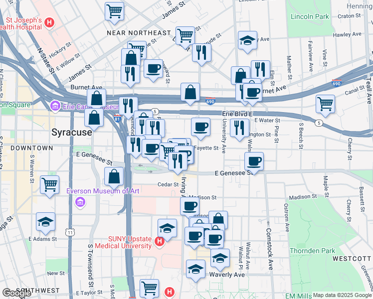 map of restaurants, bars, coffee shops, grocery stores, and more near 918 East Fayette Street in Syracuse