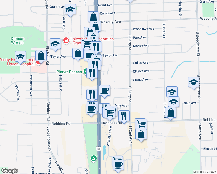 map of restaurants, bars, coffee shops, grocery stores, and more near 1316 South Beacon Boulevard in Grand Haven