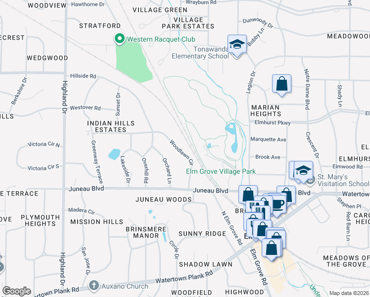 map of restaurants, bars, coffee shops, grocery stores, and more near 1380 Woodlawn Circle in Elm Grove