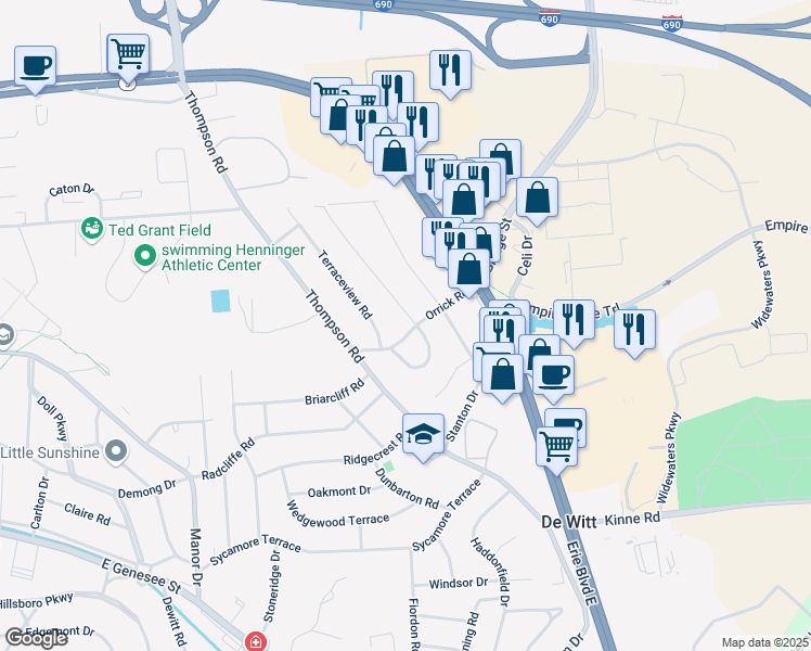 map of restaurants, bars, coffee shops, grocery stores, and more near 101 Clearview Road in Syracuse