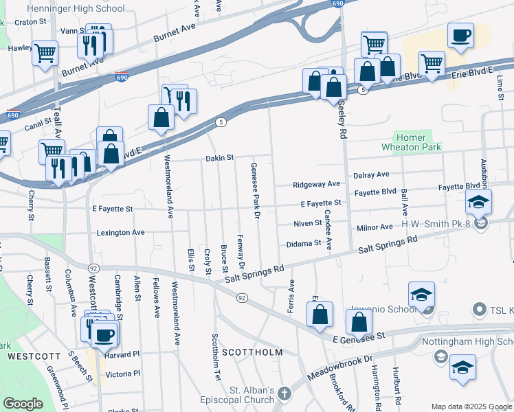 map of restaurants, bars, coffee shops, grocery stores, and more near 198 Genesee Park Drive in Syracuse
