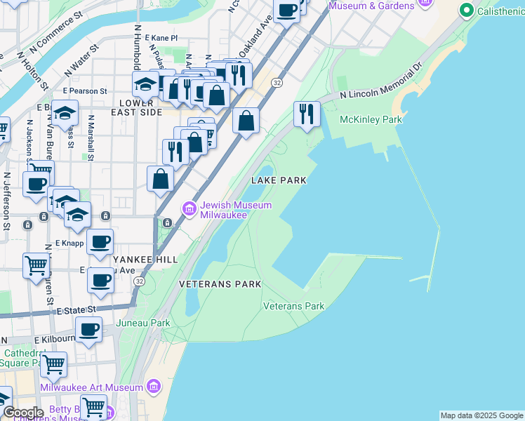 map of restaurants, bars, coffee shops, grocery stores, and more near East Lagoon Drive in Milwaukee