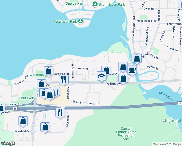 map of restaurants, bars, coffee shops, grocery stores, and more near 1708 Lake Point Drive in Madison
