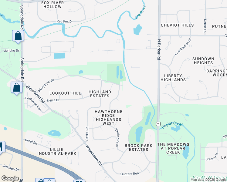 map of restaurants, bars, coffee shops, grocery stores, and more near 1320 Poplar Ridge Court in Brookfield