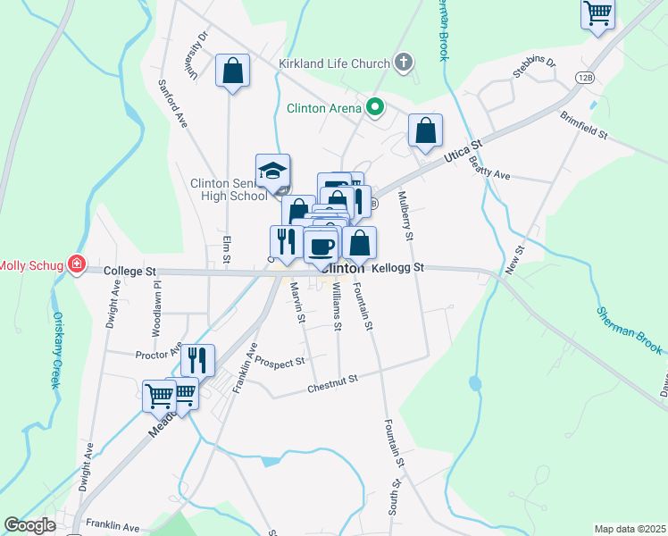 map of restaurants, bars, coffee shops, grocery stores, and more near 16 College Street in Clinton