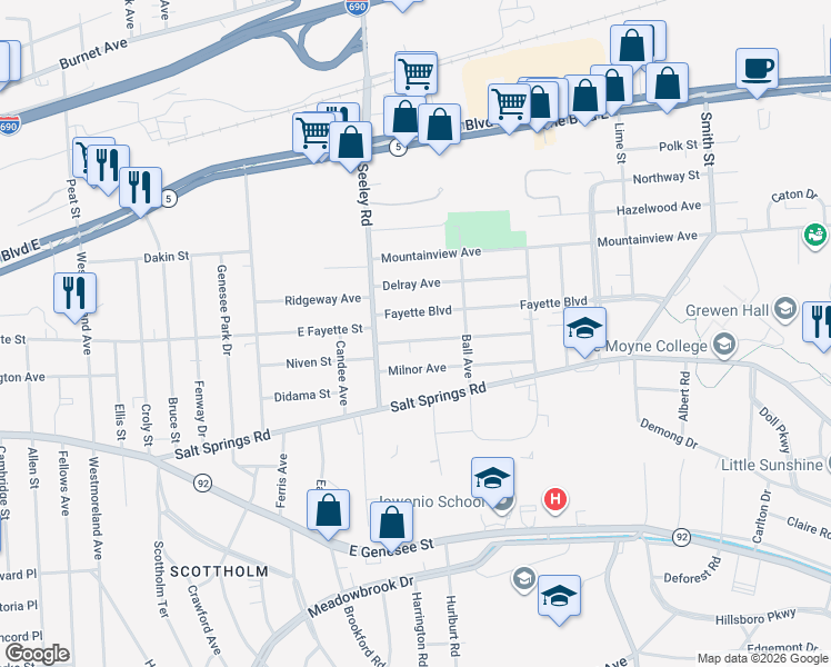 map of restaurants, bars, coffee shops, grocery stores, and more near 131 Harwood Avenue in Syracuse