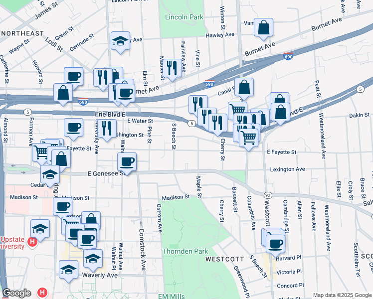 map of restaurants, bars, coffee shops, grocery stores, and more near 1415 East Fayette Street in Syracuse