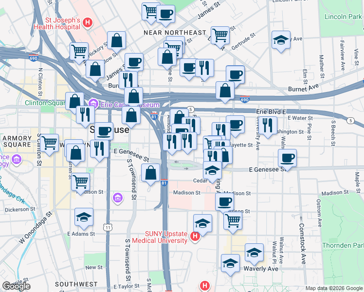 map of restaurants, bars, coffee shops, grocery stores, and more near 624 East Fayette Street in Syracuse