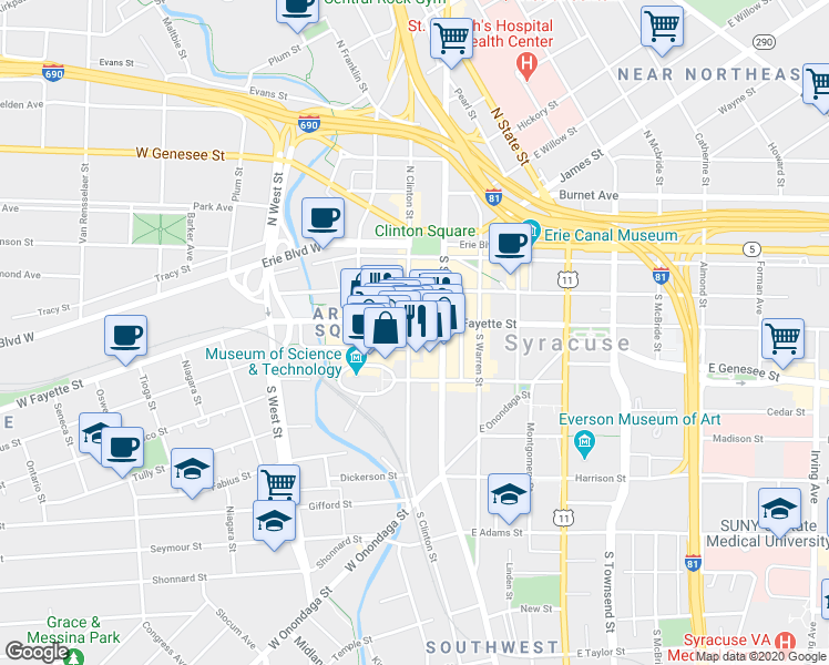 map of restaurants, bars, coffee shops, grocery stores, and more near in Syracuse