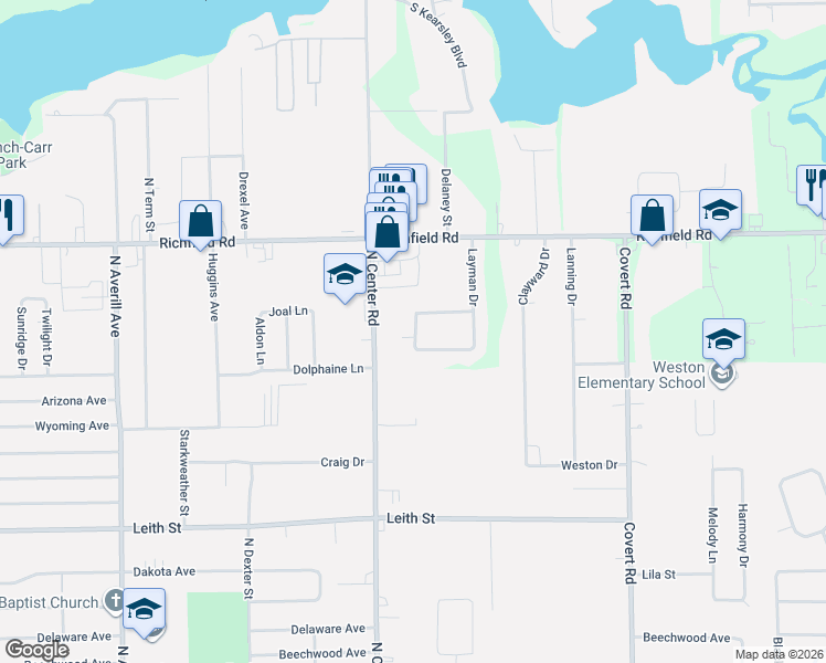 map of restaurants, bars, coffee shops, grocery stores, and more near 3038 Courtesy Drive in Flint