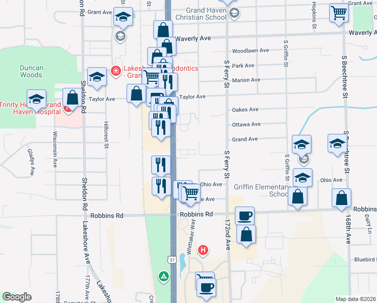map of restaurants, bars, coffee shops, grocery stores, and more near 1316-1320 South Beacon Boulevard in Grand Haven