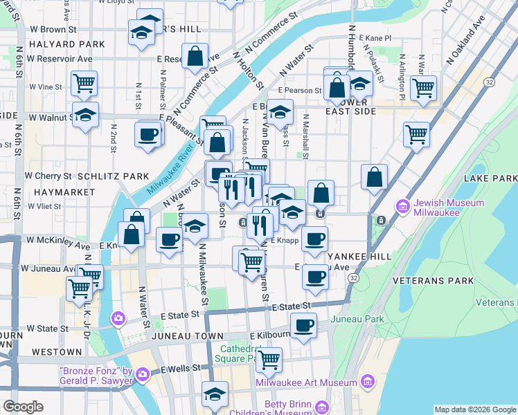 map of restaurants, bars, coffee shops, grocery stores, and more near 600 East Ogden Avenue in Milwaukee