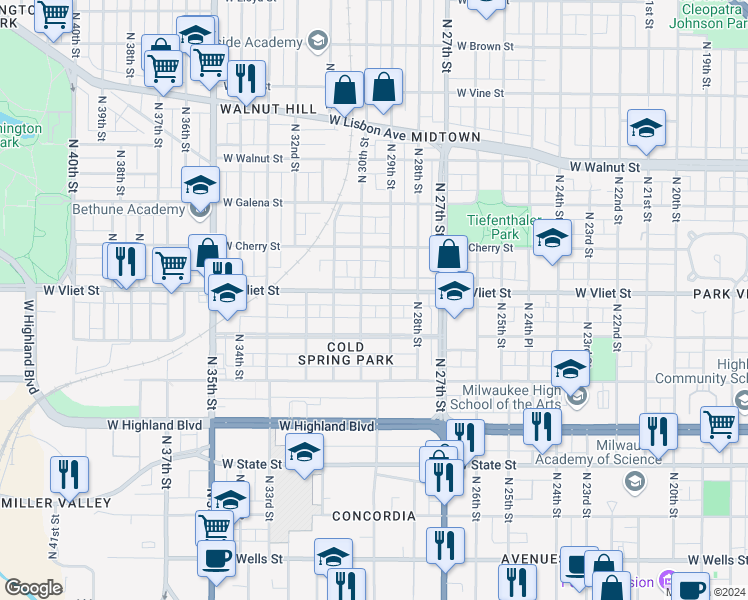 map of restaurants, bars, coffee shops, grocery stores, and more near 2931 West Vliet Street in Milwaukee