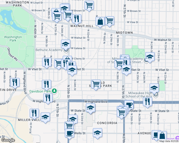 map of restaurants, bars, coffee shops, grocery stores, and more near 1355 North 32nd Street in Milwaukee