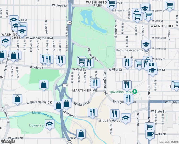map of restaurants, bars, coffee shops, grocery stores, and more near 1342A North 44th Street in Milwaukee