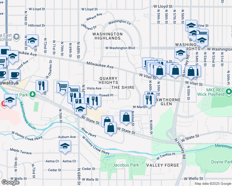 map of restaurants, bars, coffee shops, grocery stores, and more near 6430 Powell Place in Wauwatosa