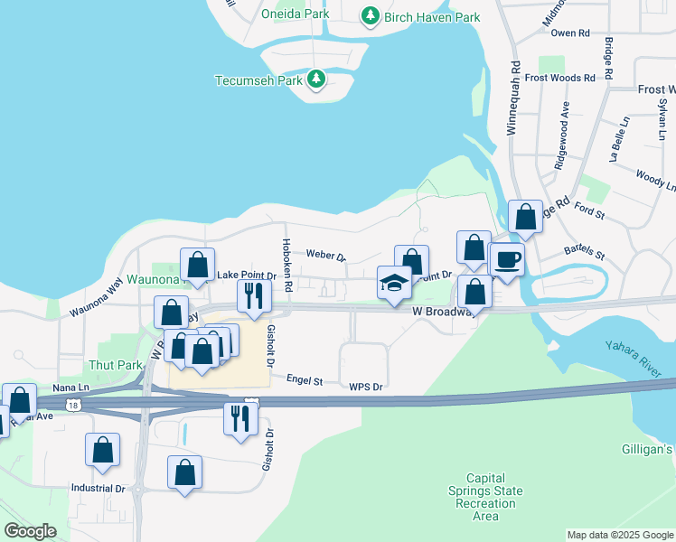 map of restaurants, bars, coffee shops, grocery stores, and more near 1708 Lake Point Drive in Madison