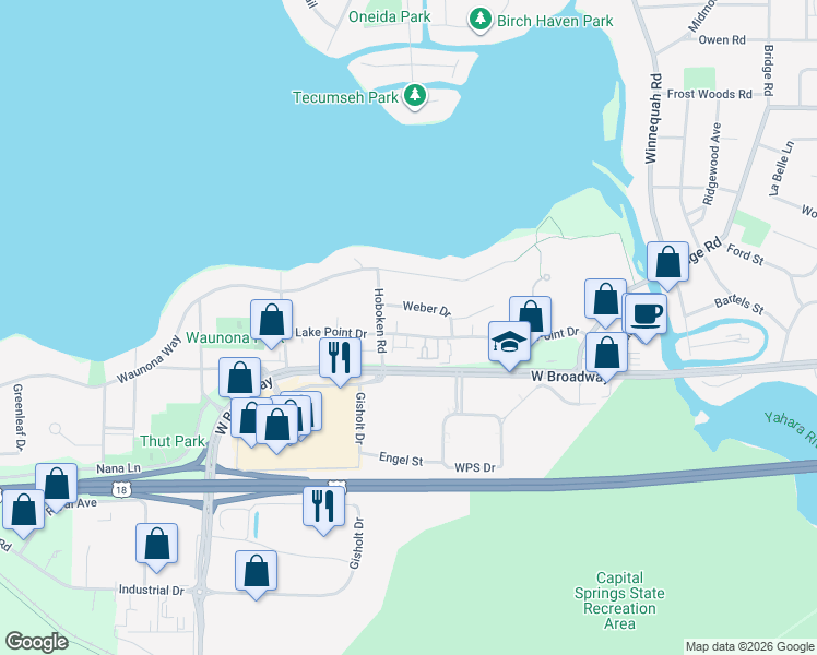 map of restaurants, bars, coffee shops, grocery stores, and more near 1902 Lake Point Drive in Madison