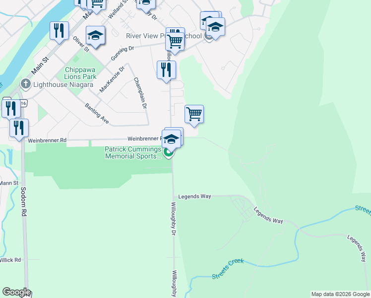 map of restaurants, bars, coffee shops, grocery stores, and more near 8931 Willoughby Drive in Niagara Falls