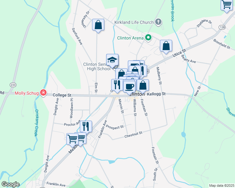 map of restaurants, bars, coffee shops, grocery stores, and more near 34 College Street in Clinton