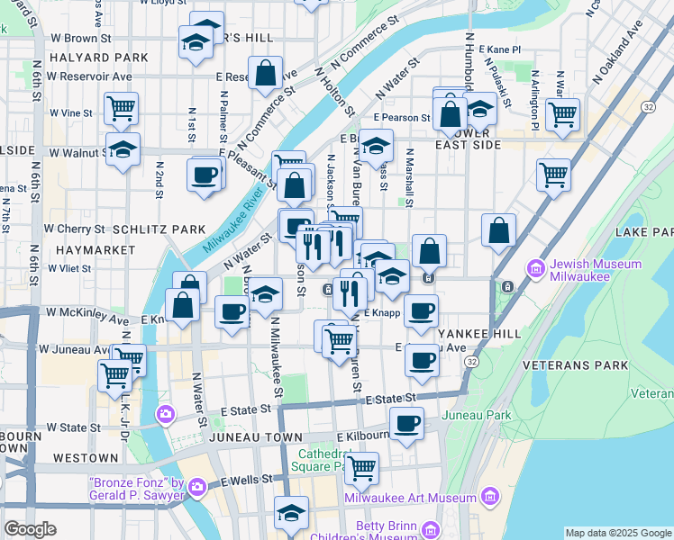 map of restaurants, bars, coffee shops, grocery stores, and more near 600 East Ogden Avenue in Milwaukee