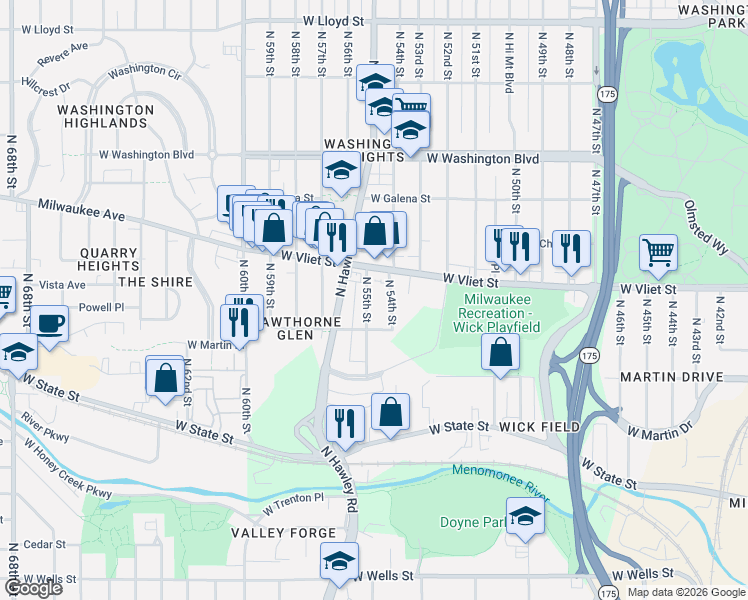 map of restaurants, bars, coffee shops, grocery stores, and more near 1345 North 55th Street in Milwaukee