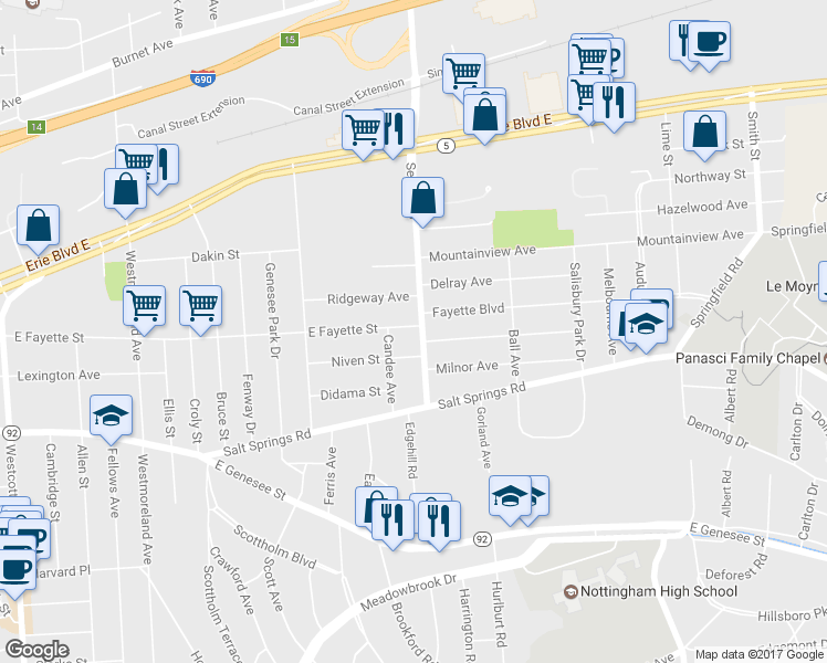 map of restaurants, bars, coffee shops, grocery stores, and more near 600 Seeley Road in Syracuse