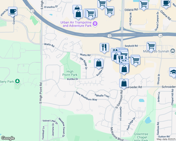 map of restaurants, bars, coffee shops, grocery stores, and more near 873 Sky Ridge Drive in Madison