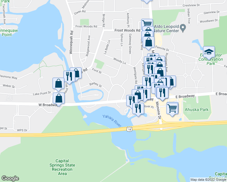 map of restaurants, bars, coffee shops, grocery stores, and more near 504 Falcon Circle in Monona