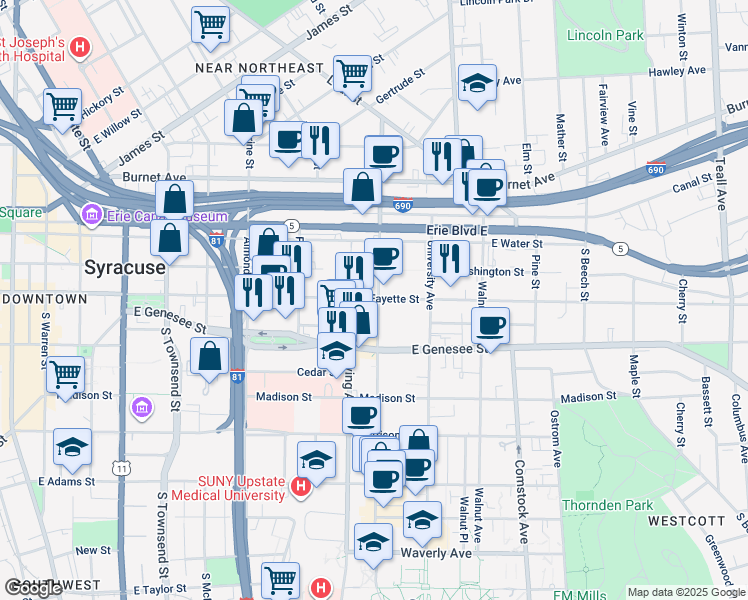 map of restaurants, bars, coffee shops, grocery stores, and more near 918 East Fayette Street in Syracuse