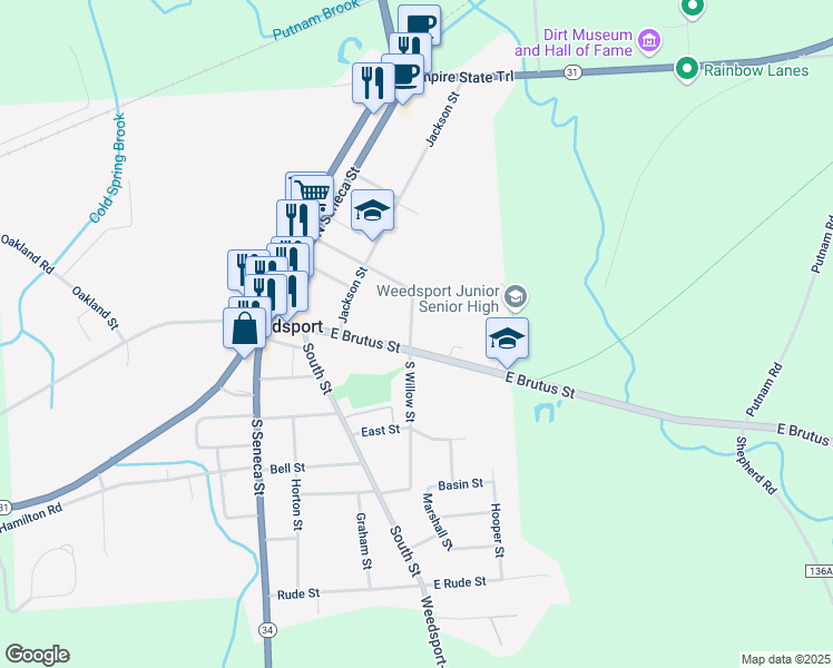 map of restaurants, bars, coffee shops, grocery stores, and more near 8904 North Willow Street in Weedsport