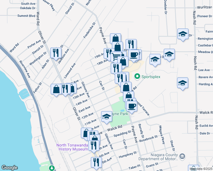 map of restaurants, bars, coffee shops, grocery stores, and more near 151 15th Avenue in North Tonawanda