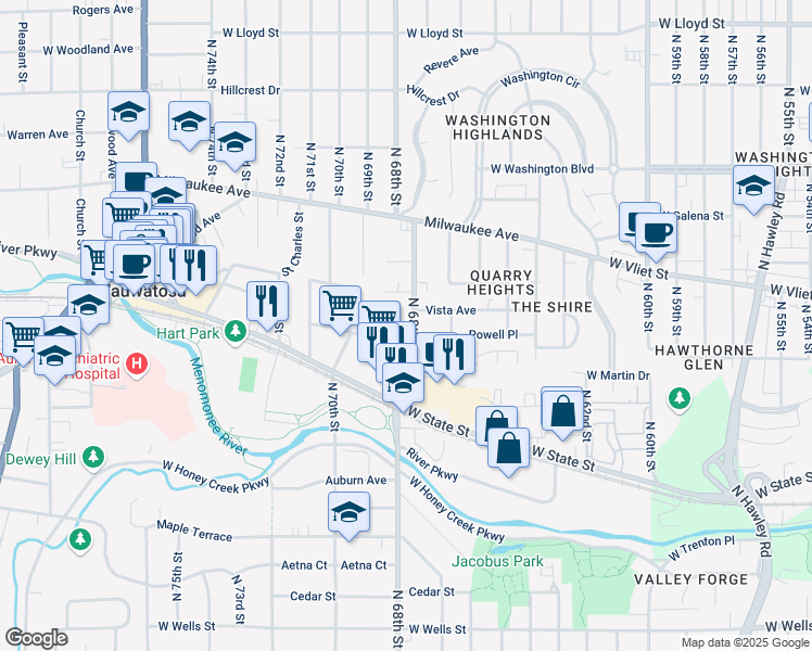 map of restaurants, bars, coffee shops, grocery stores, and more near 1313 North 68th Street in Wauwatosa