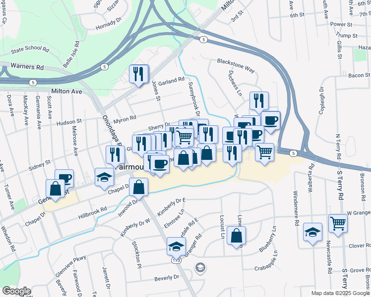 map of restaurants, bars, coffee shops, grocery stores, and more near 3520 West Genesee Street in Syracuse