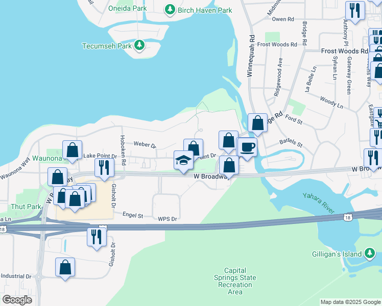 map of restaurants, bars, coffee shops, grocery stores, and more near 2 Waunona Woods Court in Madison