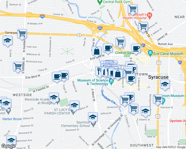 map of restaurants, bars, coffee shops, grocery stores, and more near 219 South West Street in Syracuse