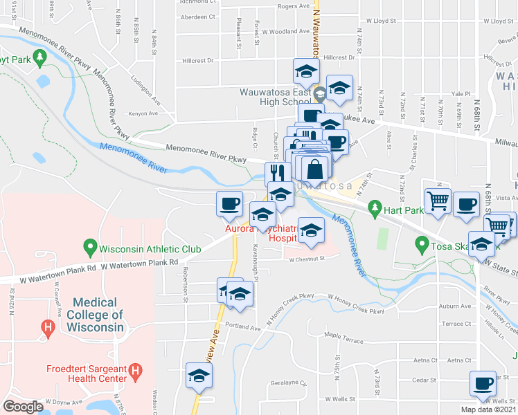 map of restaurants, bars, coffee shops, grocery stores, and more near 7830 Harwood Avenue in Milwaukee