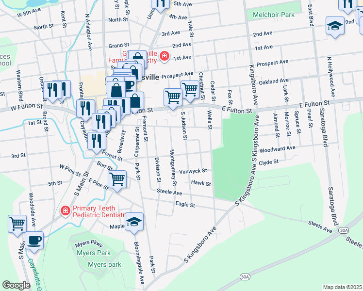 map of restaurants, bars, coffee shops, grocery stores, and more near 50 South Judson Street in Gloversville