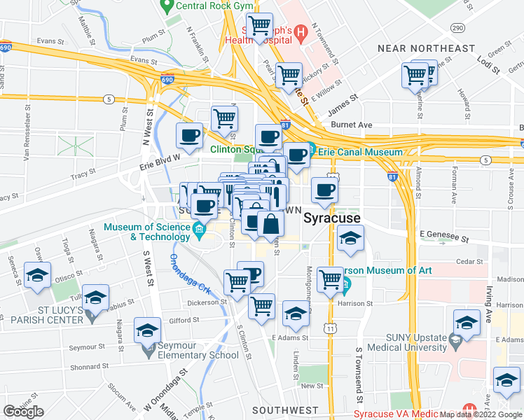 map of restaurants, bars, coffee shops, grocery stores, and more near 301 South Salina Street in Syracuse