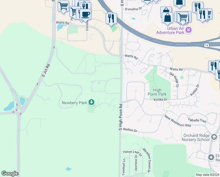 map of restaurants, bars, coffee shops, grocery stores, and more near 7710 South Brookline Drive in Madison