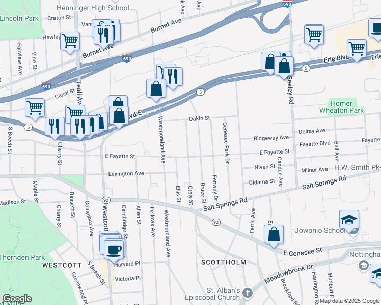 map of restaurants, bars, coffee shops, grocery stores, and more near 2201 East Fayette Street in Syracuse