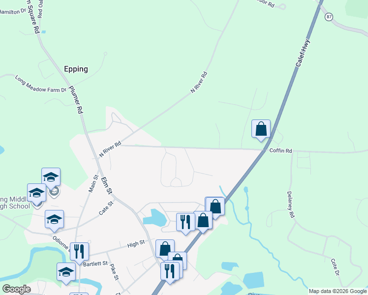 map of restaurants, bars, coffee shops, grocery stores, and more near 26 Fogg Road in Epping