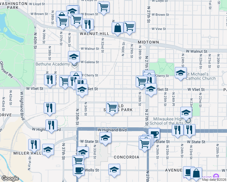 map of restaurants, bars, coffee shops, grocery stores, and more near 1351 North 31st Street in Milwaukee