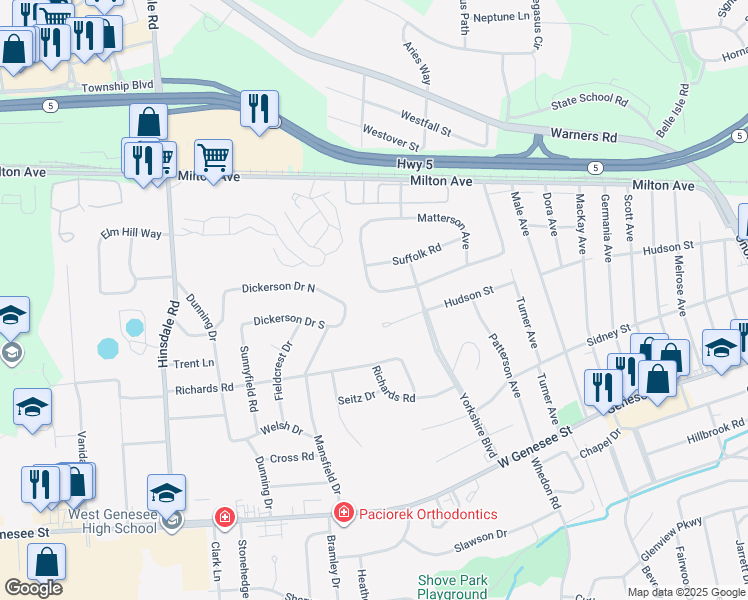 map of restaurants, bars, coffee shops, grocery stores, and more near 132 Gordon Parkway in Camillus