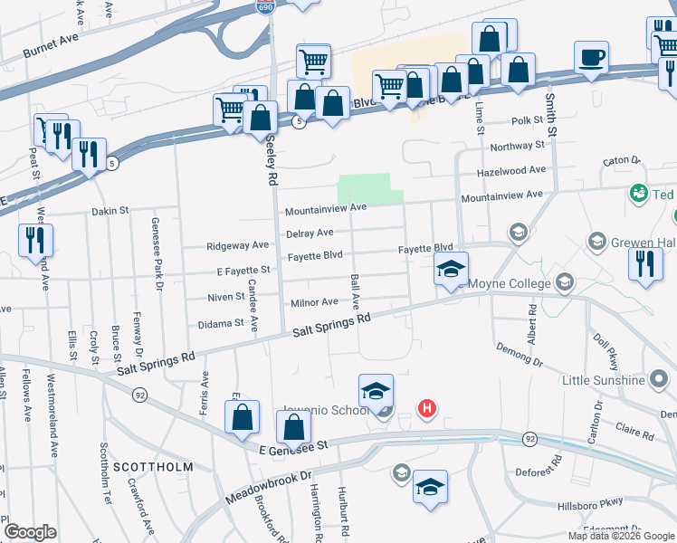map of restaurants, bars, coffee shops, grocery stores, and more near 171 Harwood Avenue in Syracuse