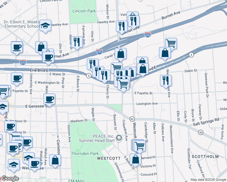 map of restaurants, bars, coffee shops, grocery stores, and more near 1619-21 East Fayette Street in Syracuse