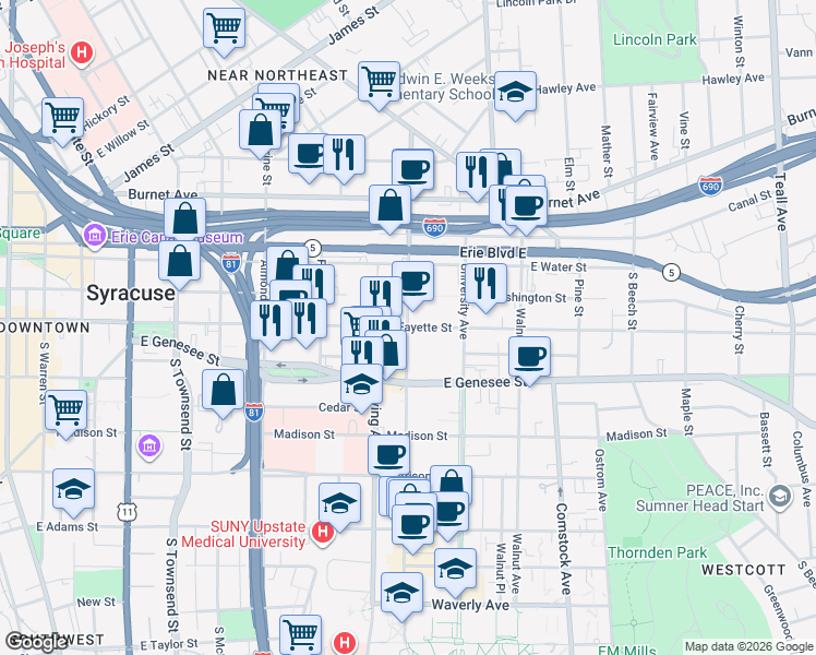 map of restaurants, bars, coffee shops, grocery stores, and more near E Fayette St & S Crouse Ave in Syracuse