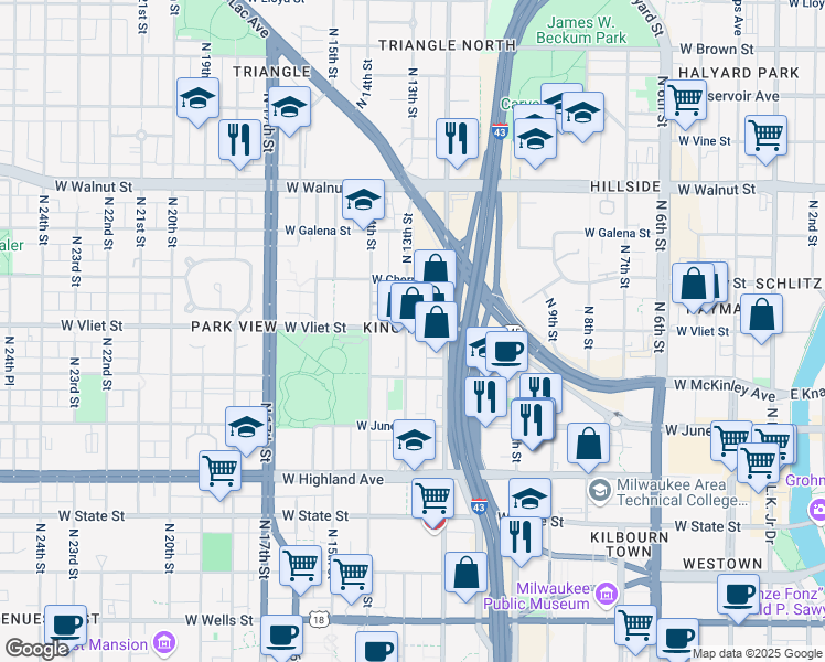 map of restaurants, bars, coffee shops, grocery stores, and more near 1239 West Vliet Street in Milwaukee